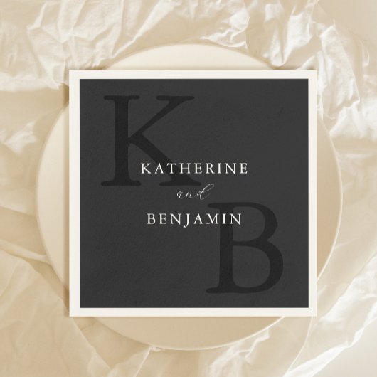 Moderne Minimalistische Matte Black Monogram Weddi Serviette
