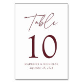 Moderne Minimalistische Merlot-Script-Hochzeit Tischnummer (Vorderseite)
