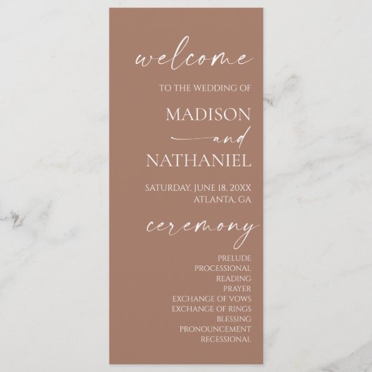 Moderne Minimalistische Mocha Mousse Wedding Programm (Vorderseite)