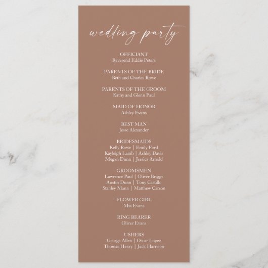 Moderne Minimalistische Mocha Mousse Wedding Programm (Rückseite)