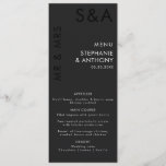 Moderne Minimalistische Monogram Black and White W Menükarte<br><div class="desc">Das moderne Minimalistische Monogram Black and White Wedding Menü - eine geschmackvolle und elegante Ergänzung zu Ihrem Fest. Das minimalistische Schwarz-Weiß-Ambiente verleiht dem Restaurant Eleganz und Set für ein unvergessliches kulinarisches Erlebnis. Vor einem dunkelgrauen Hintergrund zeigt das Menü oben ein zentrales Monogramm. Die Initialen des Paares nehmen die zentrale Bühne...</div>