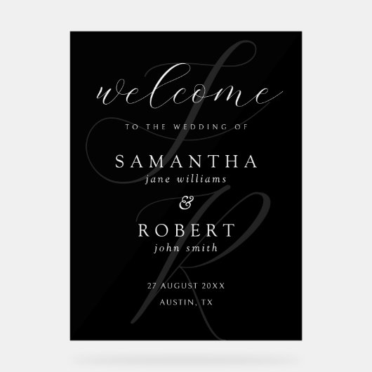 Moderne Minimalistische Monogram Black Wedding Wil Acrylschild (Vorderseite)