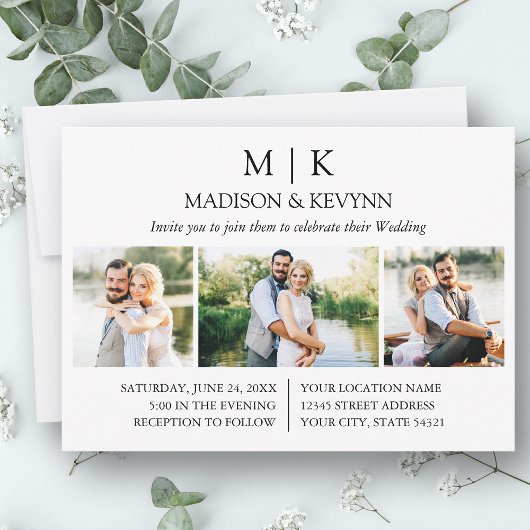 Moderne Minimalistische Monogram Wedding 3 Foto Einladung