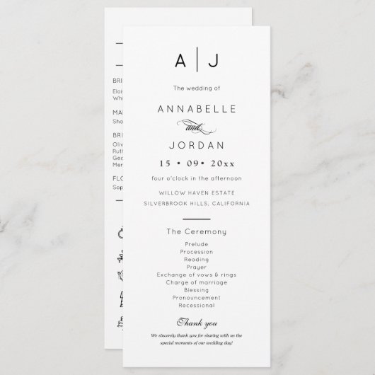 Moderne Minimalistische Monogramm zeitlose Hochzei Programm (Vorne/Hinten)