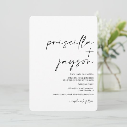 Moderne minimalistische Namen kalligraphische schw Einladung (Stehend Vorderseite)