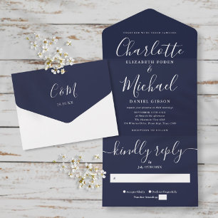 Moderne minimalistische Navy-Blau-Script-Hochzeit  All In One Einladung