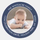 Moderne Minimalistische Navy Blue & White Rücksend Runder Aufkleber (Vorderseite)