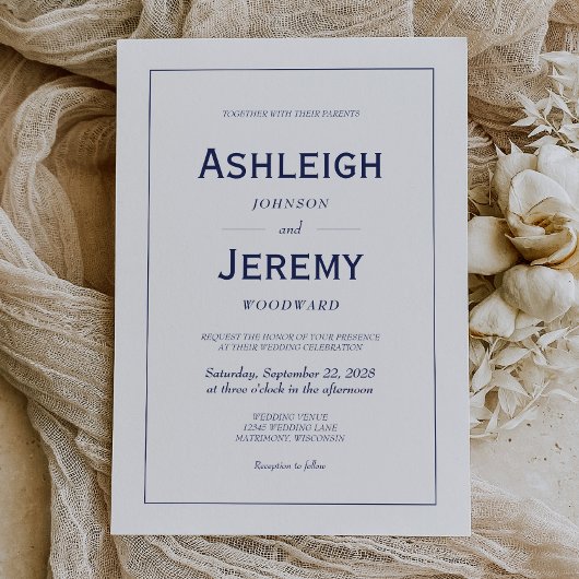 Moderne Minimalistische Navy Blue White Wedding Einladung