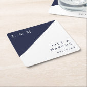 Moderne Minimalistische Navy-White-Monogram-Hochze Rechteckiger Pappuntersetzer (angewinkelt)