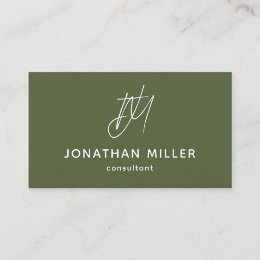 Moderne Minimalistische Olive Green Monogram Visitenkarte (Vorderseite)