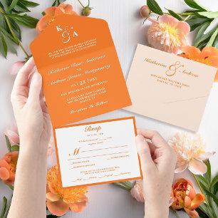 Moderne Minimalistische Orange Monogram Hochzeit All In One Einladung