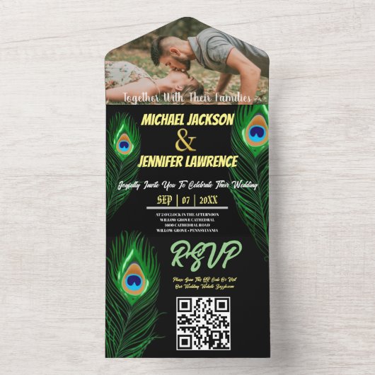 Moderne Minimalistische Peacock Feather Foto Weddi All In One Einladung (Innen Boden)