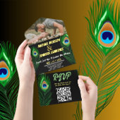 Moderne Minimalistische Peacock Feather Foto Weddi All In One Einladung