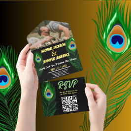 Moderne Minimalistische Peacock Feather Foto Weddi All In One Einladung