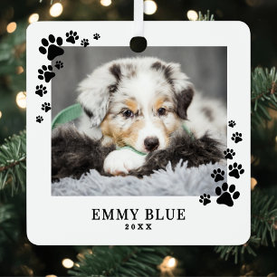 Moderne minimalistische Pfotenabdruck-Hunde-Foto Ornament Aus Metall