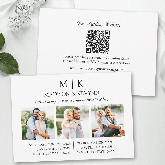 Moderne Minimalistische QR Code 3 Foto Hochzeit Einladung