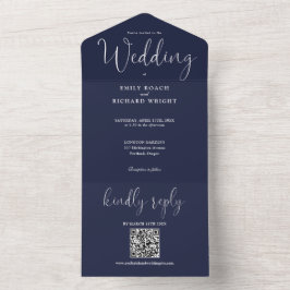 Moderne Minimalistische QR Code Navy Blue Wedding All In One Einladung