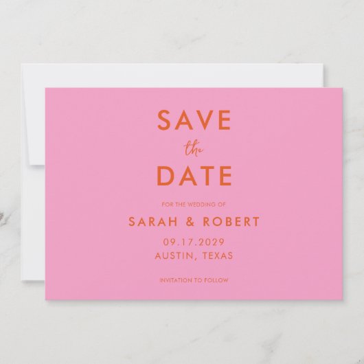 Moderne Minimalistische Rosa Orange Hochzeit Save The Date (Vorderseite)