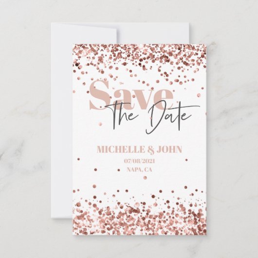 Moderne Minimalistische Rose Gold Glitzer Script Save The Date (Vorderseite)