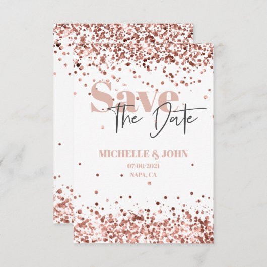 Moderne Minimalistische Rose Gold Glitzer Script Save The Date (Vorne/Hinten)