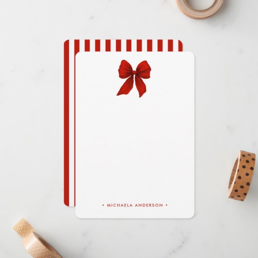 Moderne Minimalistische Rote Coquette Bow & Stripe Mitteilungskarte (Vorderseite/Rückseite Beispiel)