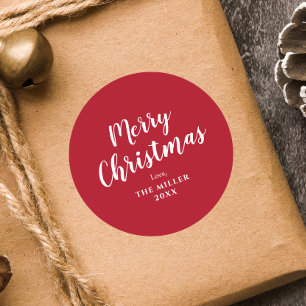 Moderne Minimalistische Rote Frohe Weihnachten Fam Runder Aufkleber