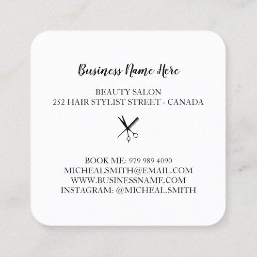 Moderne Minimalistische Schere Branding Hair Styli Quadratische Visitenkarte (Rückseite)