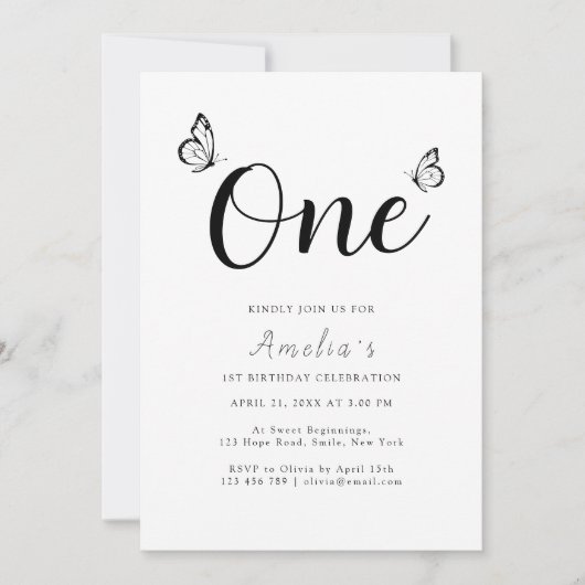 Moderne Minimalistische Schmetterlinge 1. Geburtst Einladung (Vorderseite)