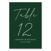 Moderne minimalistische Schrift Grüne Hochzeit Tischnummer (Vorderseite)