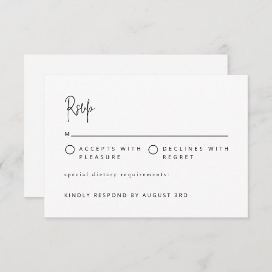 Moderne Minimalistische Schrift Hochzeit Schwarz u RSVP Karte (Vorne/Hinten)