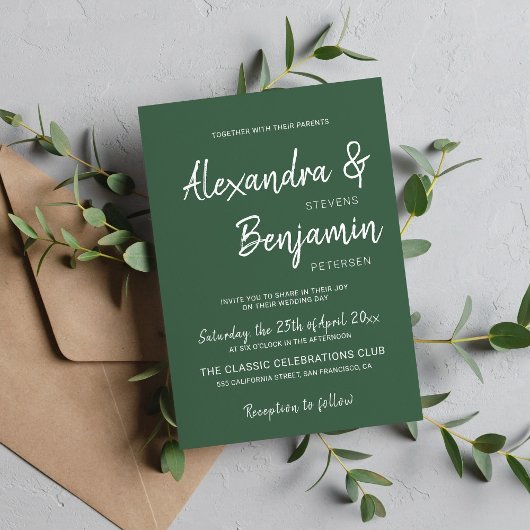 Moderne minimalistische Schrift smaragdgrüne Hochz Einladung