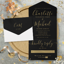 Moderne Minimalistische Schwarz-Gold-Script-Hochze All In One Einladung