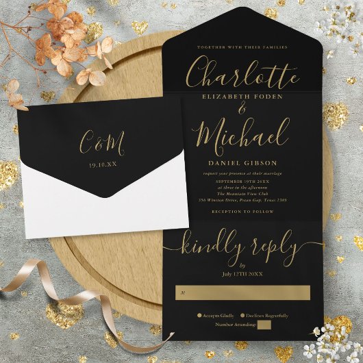 Moderne Minimalistische Schwarz-Gold-Script-Hochze All In One Einladung