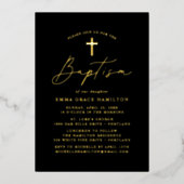 Moderne Minimalistische Schwarz-Gold-Script-Taufe Folieneinladung (Vorderseite)