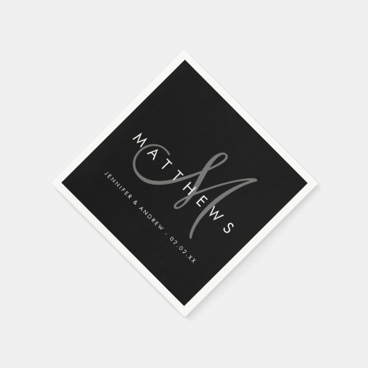 Moderne Minimalistische Schwarz-Grau-Monogramm-Hoc Serviette (Ecke)