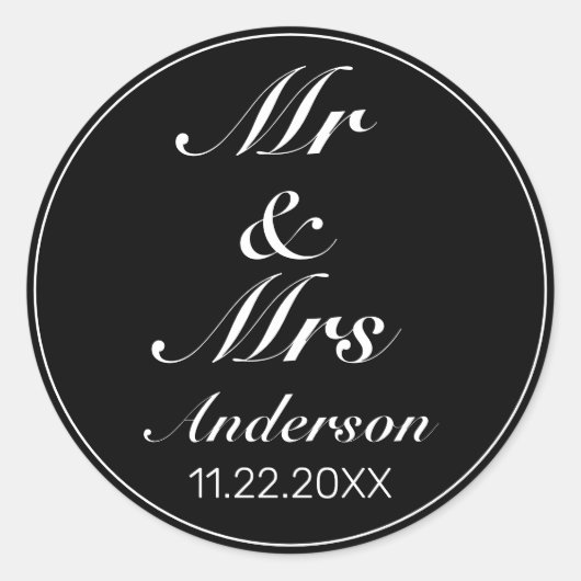 Moderne Minimalistische Schwarz MR MRS. Wedding Runder Aufkleber (Vorderseite)