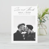 Moderne Minimalistische Schwarz-Script-Foto-Hochze Dankeskarte (Stehend Vorderseite)