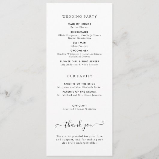 Moderne Minimalistische Schwarz-Script-Hochzeit Programm (Rückseite)