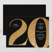 Moderne minimalistische Schwarz und Gold 20. Gebur Einladung (Vorne/Hinten)