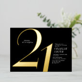 Moderne minimalistische Schwarz und Gold 21. Gebur Folieneinladung (Stehend vorne)