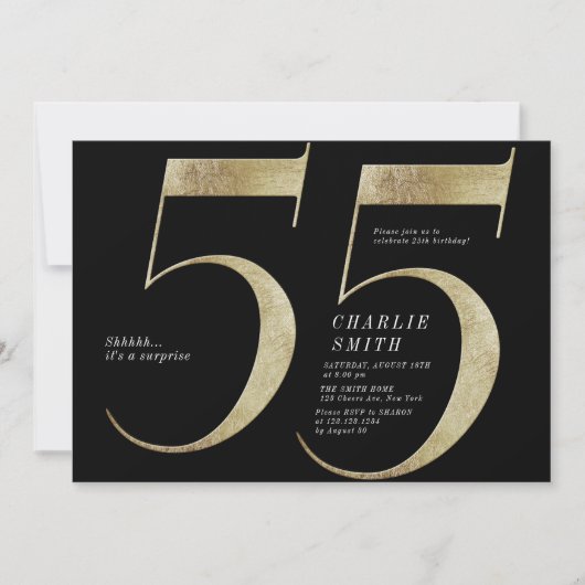 Moderne minimalistische Schwarz und Gold 55. Gebur Einladung (Vorderseite)