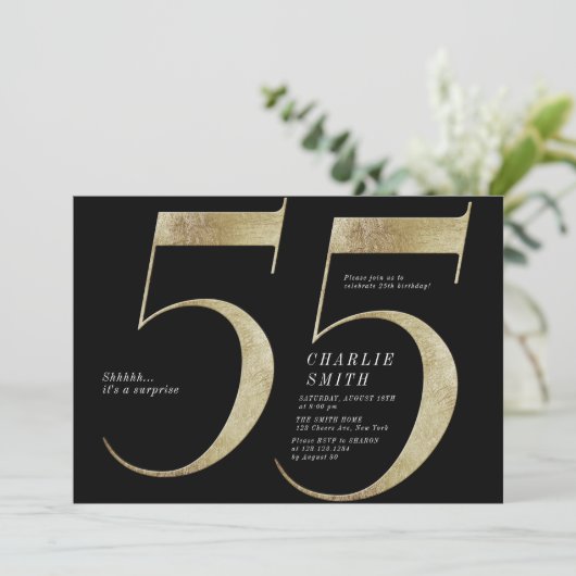 Moderne minimalistische Schwarz und Gold 55. Gebur Einladung (Stehend Vorderseite)