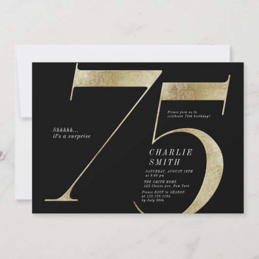 Moderne minimalistische Schwarz und Gold 75. Gebur Einladung (Vorderseite)