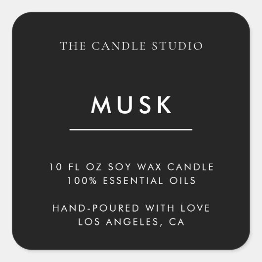 Moderne Minimalistische Schwarz-Verpackungs-Kerzen Quadratischer Aufkleber (Vorderseite)