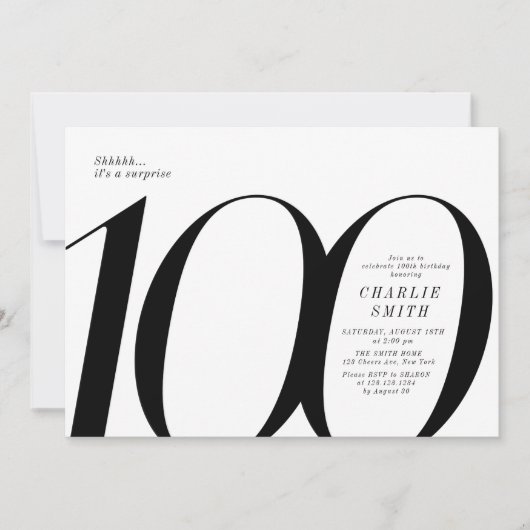 Moderne minimalistische Schwarz-Weiß 100. Geburtst Einladung (Vorderseite)