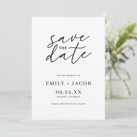 Moderne Minimalistische Schwarz-Weiß-Foto-Hochzeit Save The Date (Stehend Vorderseite)