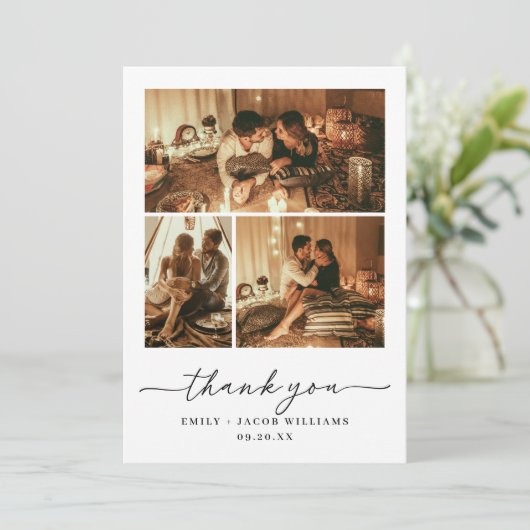Moderne Minimalistische Schwarz-Weiß-FotoCollage 3 Dankeskarte (Stehend Vorderseite)