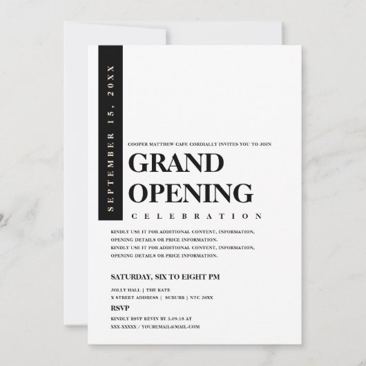 Moderne Minimalistische Schwarz/Weiß Grand Opening Einladung (Vorderseite)