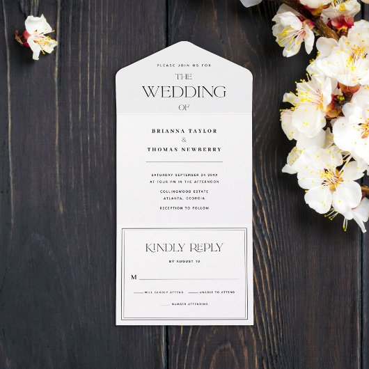 Moderne Minimalistische Schwarz-Weiß-Hochzeit All In One Einladung