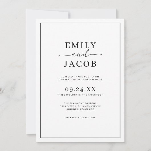 Moderne Minimalistische Schwarz-Weiß-Hochzeit Einladung (Vorderseite)